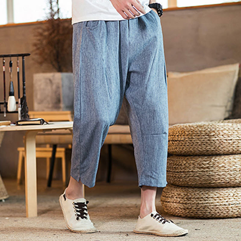 Buddha Stones Casual Solid Color Drawstring Men's Elastic Waistband Cotton Linen Pants With Pockets