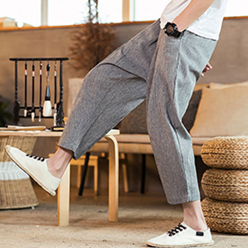 Buddha Stones Casual Solid Color Drawstring Men's Elastic Waistband Cotton Linen Pants With Pockets