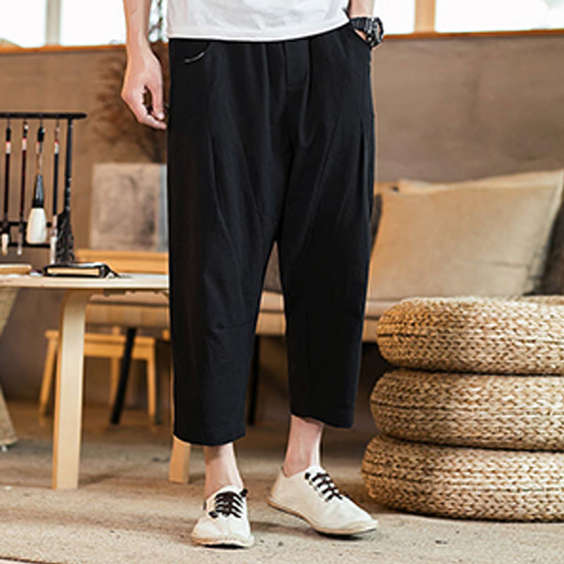 Buddha Stones Casual Solid Color Drawstring Men's Elastic Waistband Cotton Linen Pants With Pockets