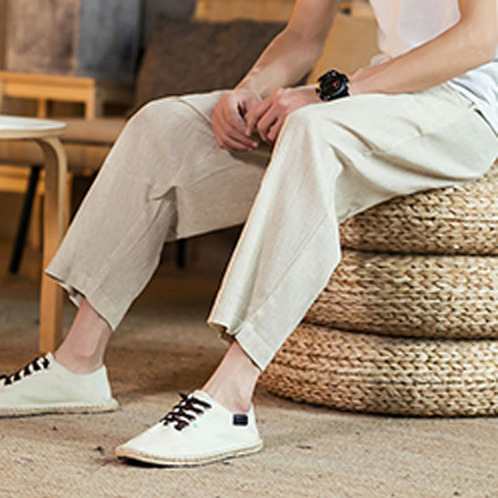 Buddha Stones Casual Solid Color Drawstring Men's Elastic Waistband Cotton Linen Pants With Pockets