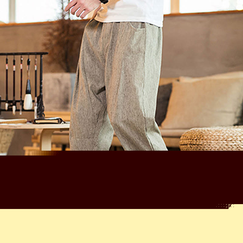 Buddha Stones Casual Solid Color Drawstring Men's Elastic Waistband Cotton Linen Pants With Pockets - image 1