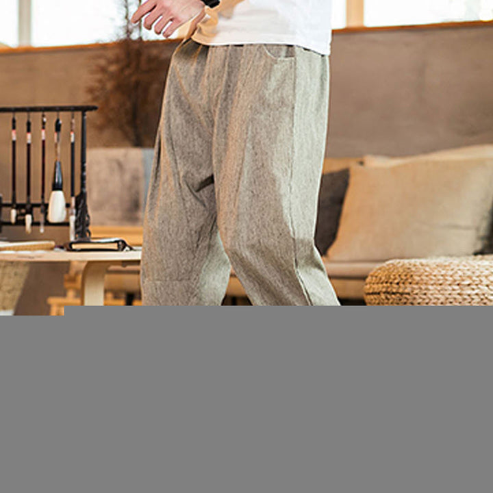 Buddha Stones Casual Solid Color Drawstring Men's Elastic Waistband Cotton Linen Pants With Pockets - image 1