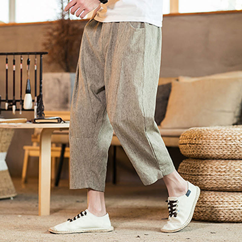 Buddha Stones Casual Solid Color Drawstring Men's Elastic Waistband Cotton Linen Pants With Pockets
