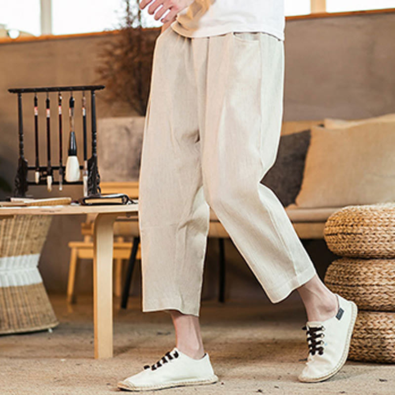 Buddha Stones Casual Solid Color Drawstring Men's Elastic Waistband Cotton Linen Pants With Pockets
