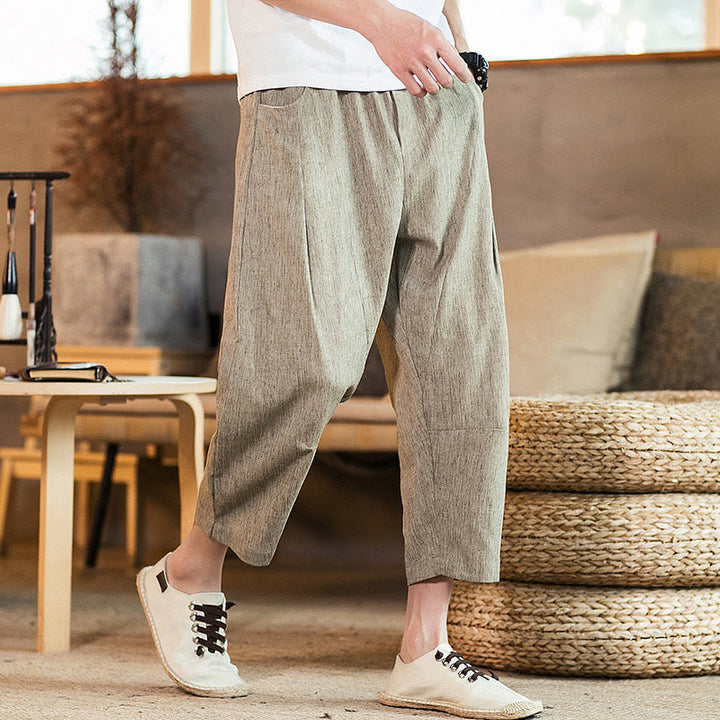 Buddha Stones Casual Solid Color Drawstring Men's Elastic Waistband Cotton Linen Pants With Pockets