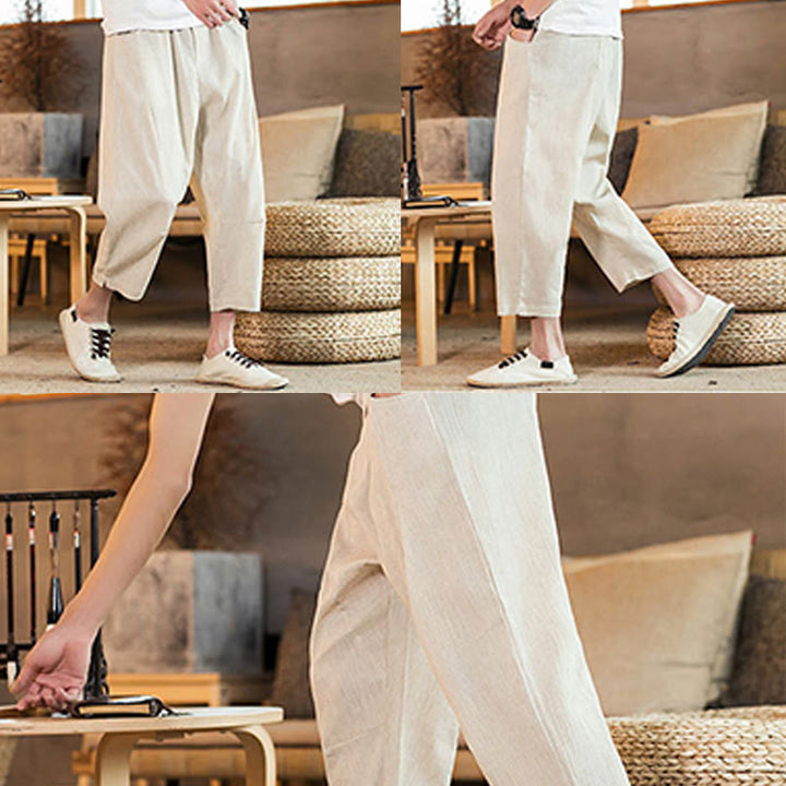 Buddha Stones Casual Solid Color Drawstring Men's Elastic Waistband Cotton Linen Pants With Pockets