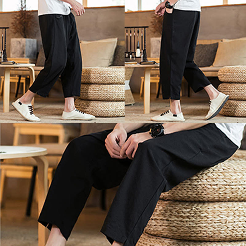 Buddha Stones Casual Solid Color Drawstring Men's Elastic Waistband Cotton Linen Pants With Pockets