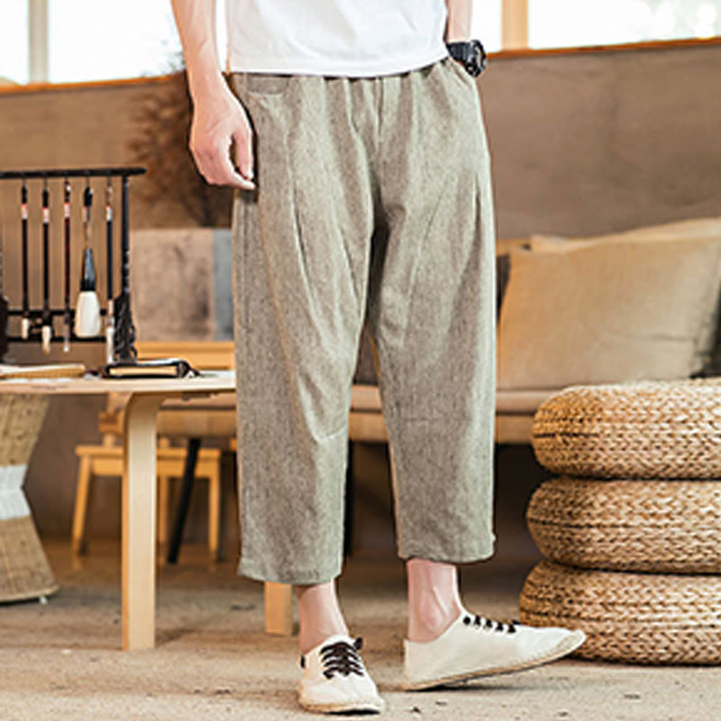Buddha Stones Casual Solid Color Drawstring Men's Elastic Waistband Cotton Linen Pants With Pockets