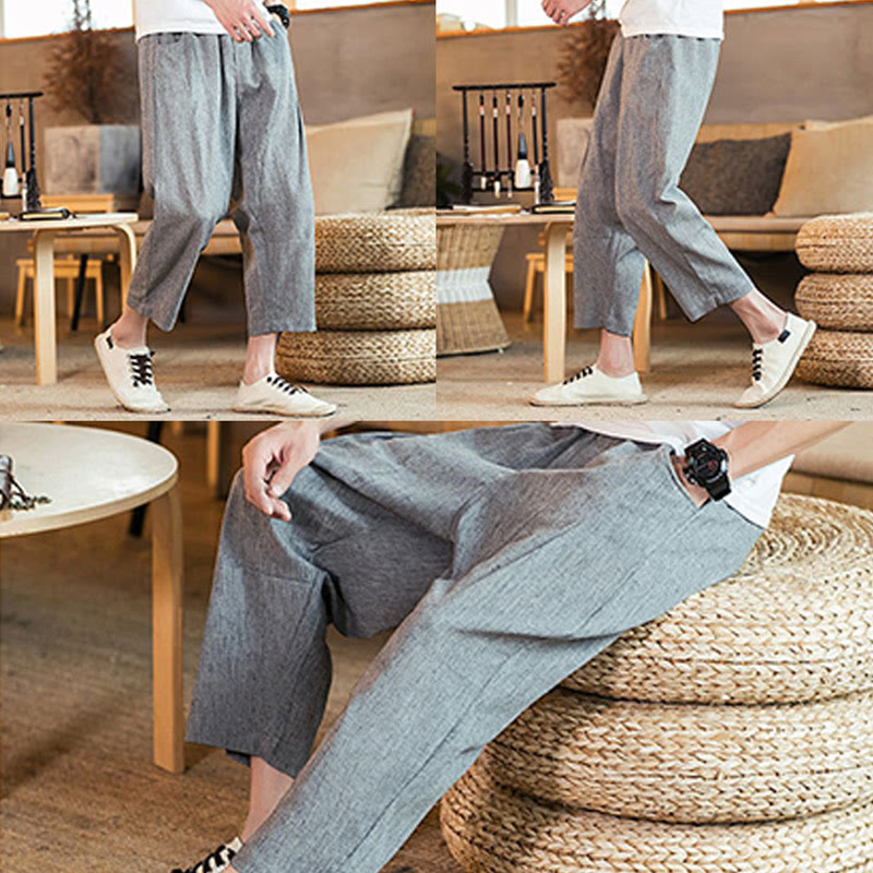 Buddha Stones Casual Solid Color Drawstring Men's Elastic Waistband Cotton Linen Pants With Pockets