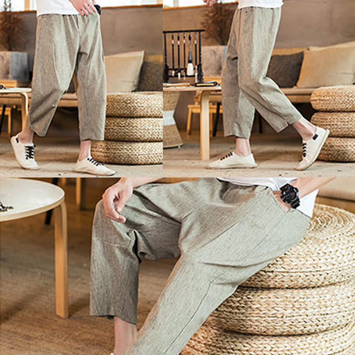 Buddha Stones Casual Solid Color Drawstring Men's Elastic Waistband Cotton Linen Pants With Pockets
