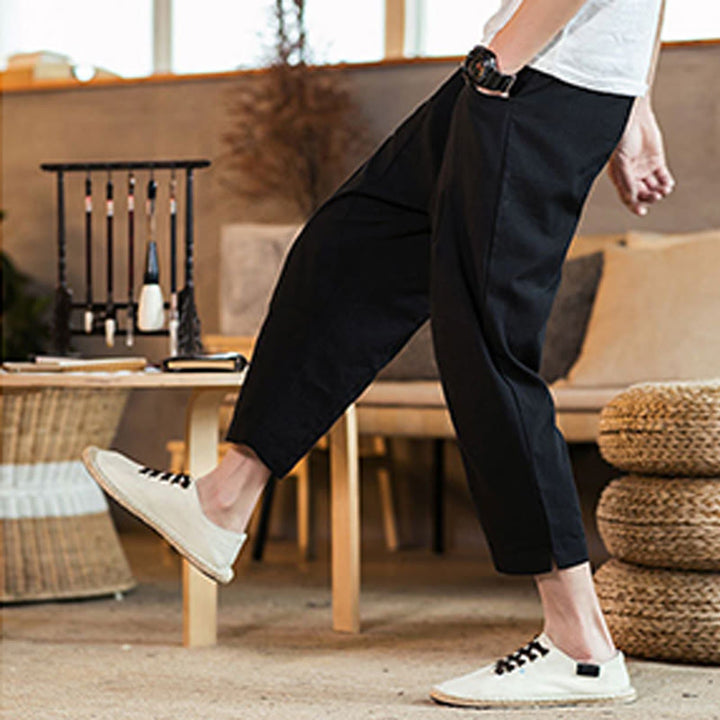 Buddha Stones Casual Solid Color Drawstring Men's Elastic Waistband Cotton Linen Pants With Pockets
