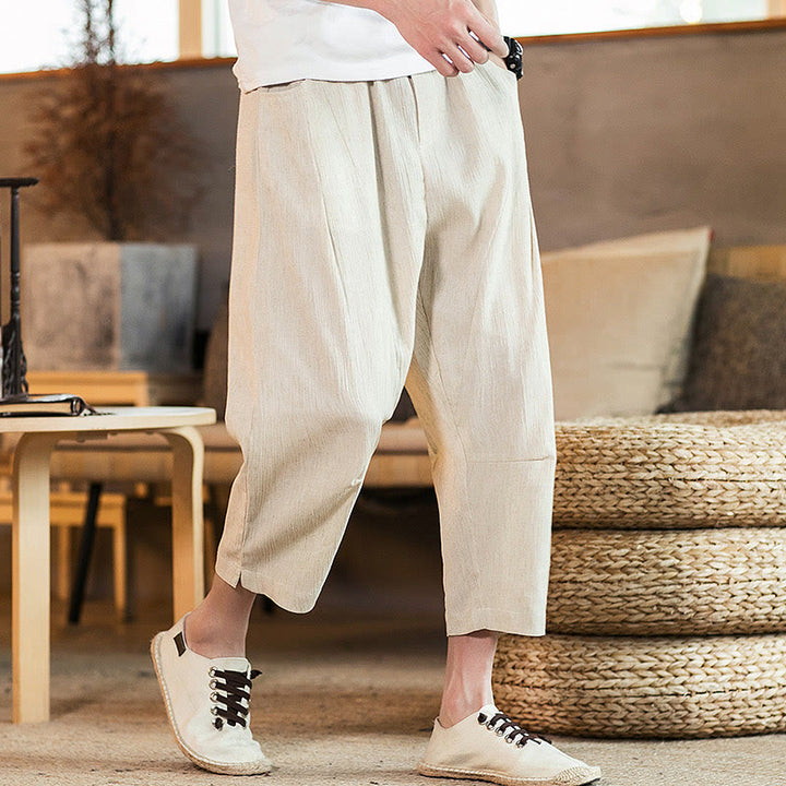 Buddha Stones Casual Solid Color Drawstring Men's Elastic Waistband Cotton Linen Pants With Pockets