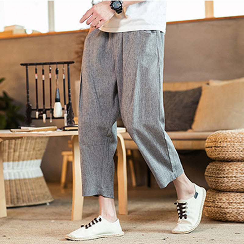 Buddha Stones Casual Solid Color Drawstring Men's Elastic Waistband Cotton Linen Pants With Pockets