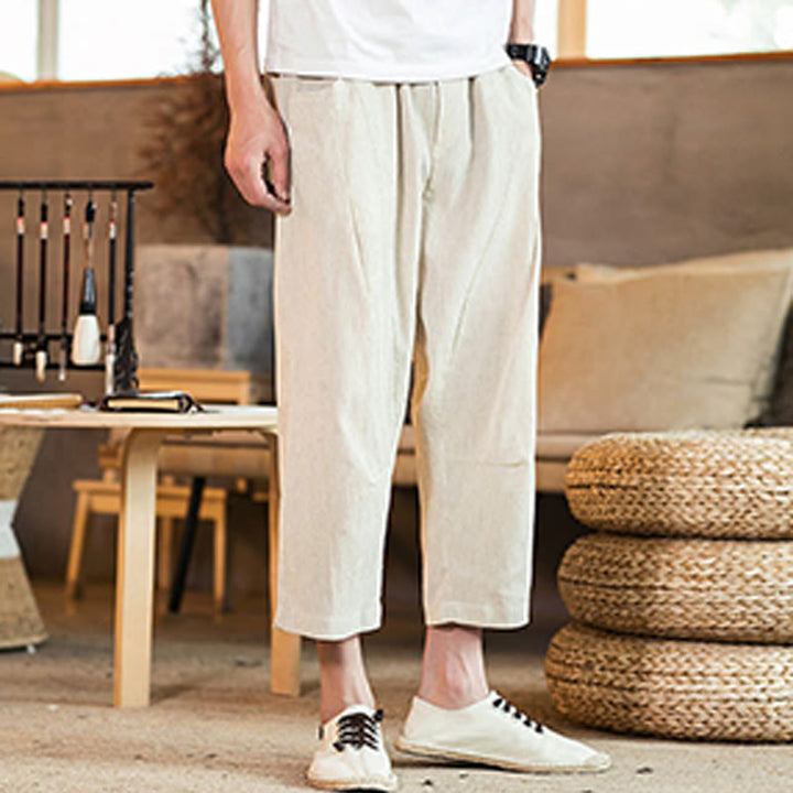 Buddha Stones Casual Solid Color Drawstring Men's Elastic Waistband Cotton Linen Pants With Pockets