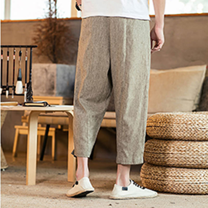 Buddha Stones Casual Solid Color Drawstring Men's Elastic Waistband Cotton Linen Pants With Pockets