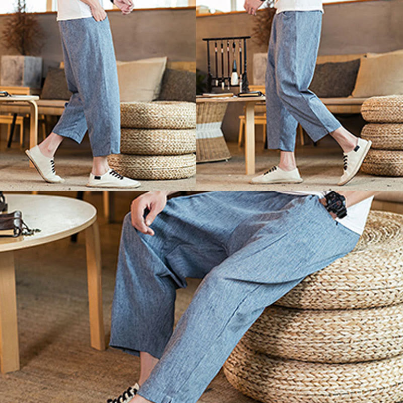Buddha Stones Casual Solid Color Drawstring Men's Elastic Waistband Cotton Linen Pants With Pockets