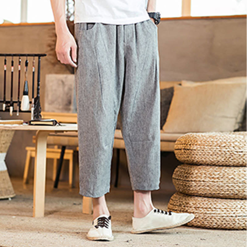 Buddha Stones Casual Solid Color Drawstring Men's Elastic Waistband Cotton Linen Pants With Pockets