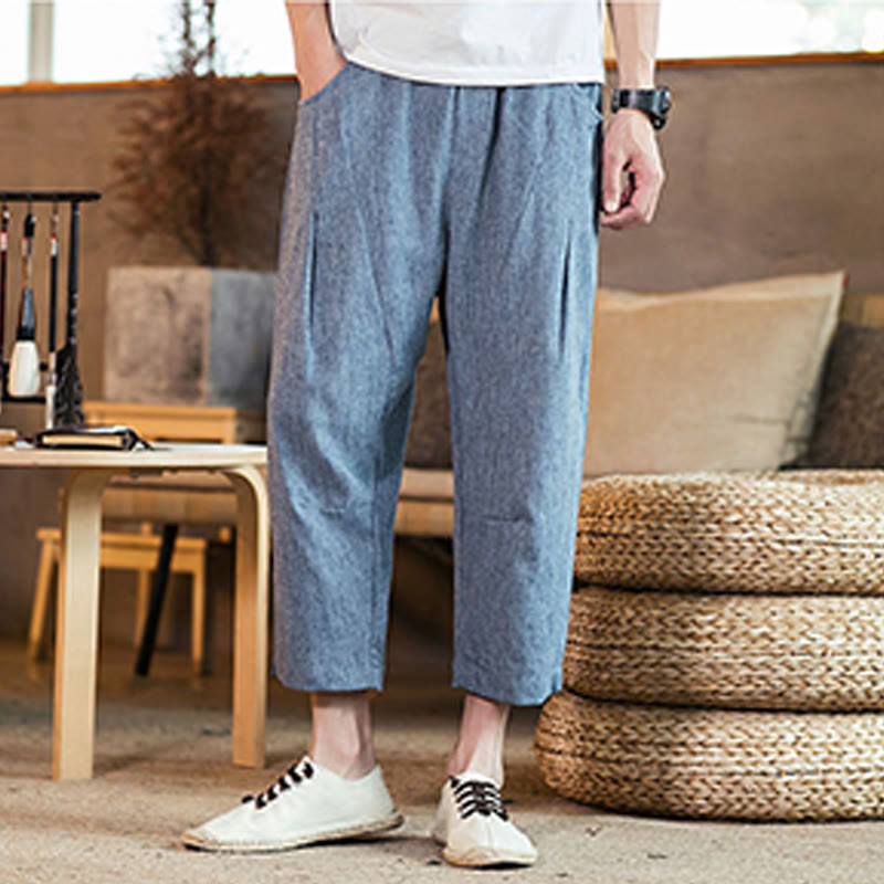 Buddha Stones Casual Solid Color Drawstring Men's Elastic Waistband Cotton Linen Pants With Pockets