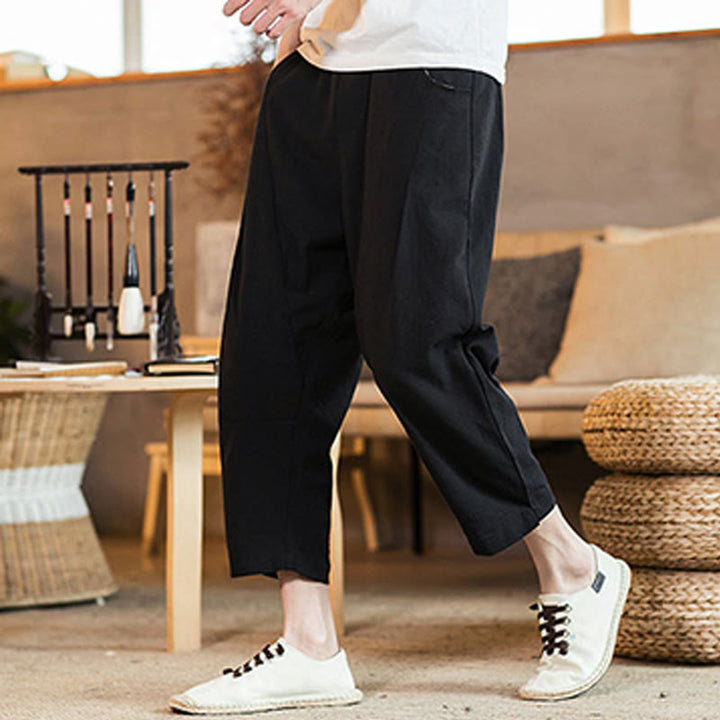 Buddha Stones Casual Solid Color Drawstring Men's Elastic Waistband Cotton Linen Pants With Pockets