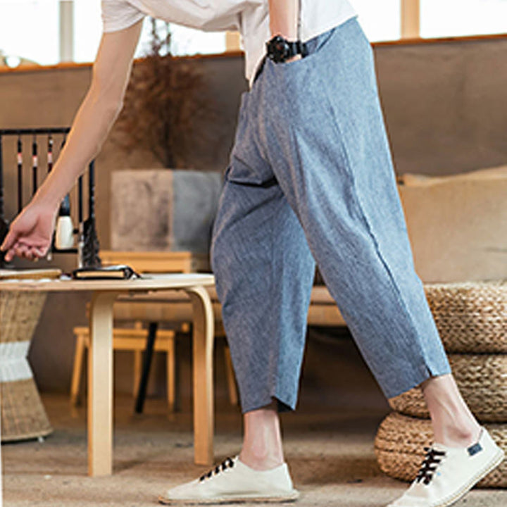 Buddha Stones Casual Solid Color Drawstring Men's Elastic Waistband Cotton Linen Pants With Pockets