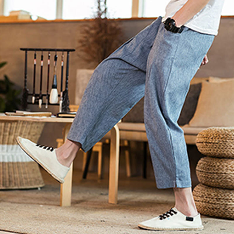 Buddha Stones Casual Solid Color Drawstring Men's Elastic Waistband Cotton Linen Pants With Pockets - image 38