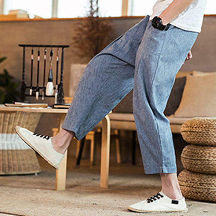 Buddha Stones Casual Solid Color Drawstring Men's Elastic Waistband Cotton Linen Pants With Pockets