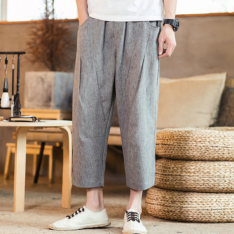 Buddha Stones Casual Solid Color Drawstring Men's Elastic Waistband Cotton Linen Pants With Pockets