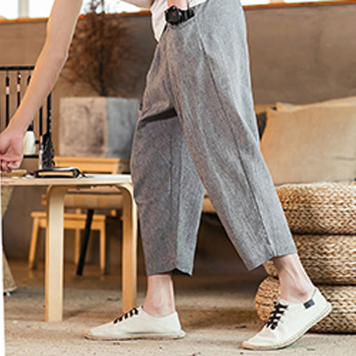Buddha Stones Casual Solid Color Drawstring Men's Elastic Waistband Cotton Linen Pants With Pockets