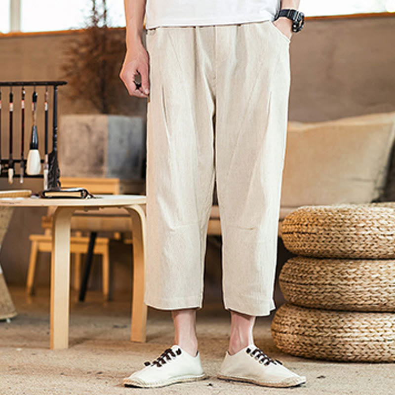 Buddha Stones Casual Solid Color Drawstring Men's Elastic Waistband Cotton Linen Pants With Pockets