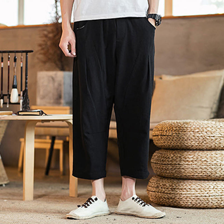 Buddha Stones Casual Solid Color Drawstring Men's Elastic Waistband Cotton Linen Pants With Pockets