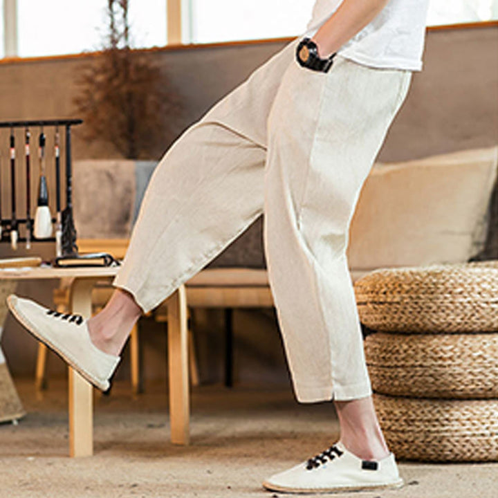 Buddha Stones Casual Solid Color Drawstring Men's Elastic Waistband Cotton Linen Pants With Pockets