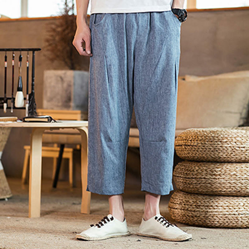 Buddha Stones Casual Solid Color Drawstring Men's Elastic Waistband Cotton Linen Pants With Pockets