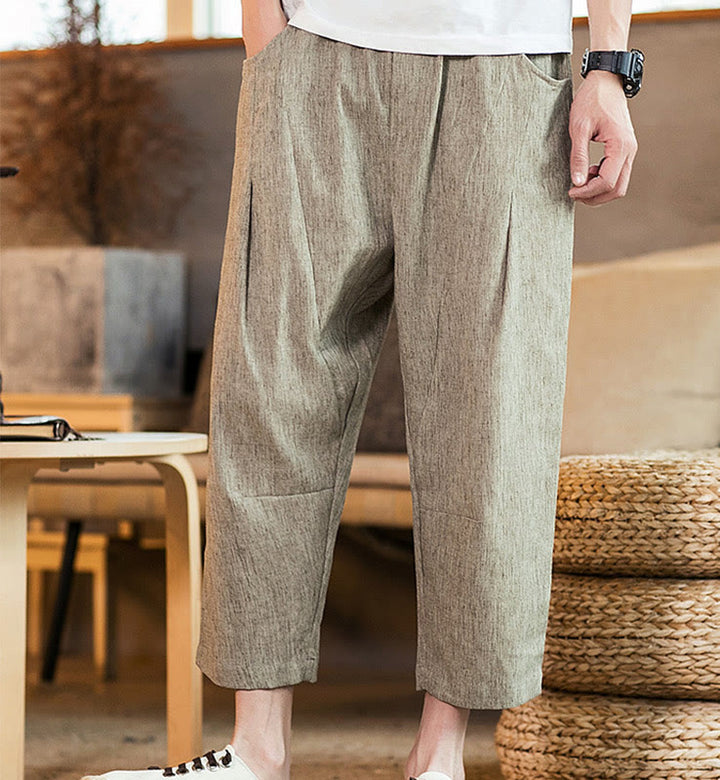 Buddha Stones Casual Solid Color Drawstring Men's Elastic Waistband Cotton Linen Pants With Pockets