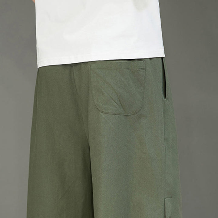 Buddha Stones Casual Plain Side Button Design Drawstring Men's Cotton Cropped Pants With Pockets - image 25