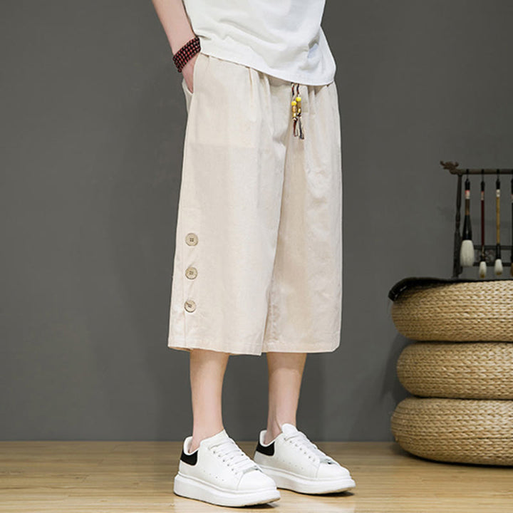 Buddha Stones Casual Plain Side Button Design Drawstring Men's Cotton Cropped Pants With Pockets - image 4