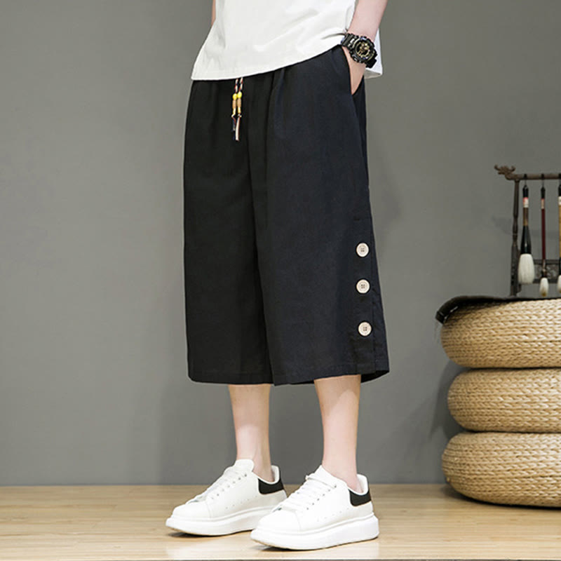 Buddha Stones Casual Plain Side Button Design Drawstring Men's Cotton Cropped Pants With Pockets - image 11