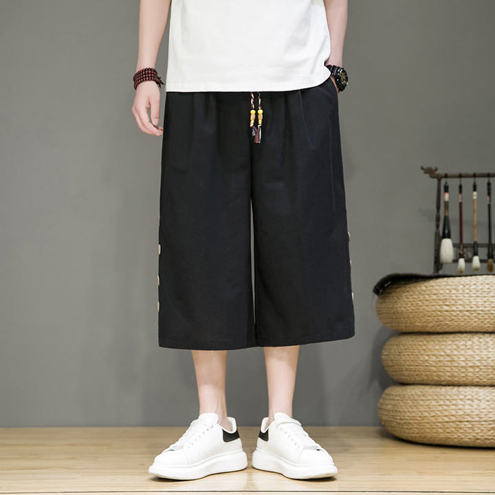 Buddha Stones Casual Plain Side Button Design Drawstring Men's Cotton Cropped Pants With Pockets - Black - US/UK/AU46，EU56 (5XL) - image 8