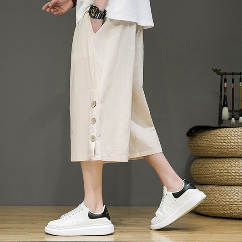 Buddha Stones Casual Plain Side Button Design Drawstring Men's Cotton Cropped Pants With Pockets - image 5