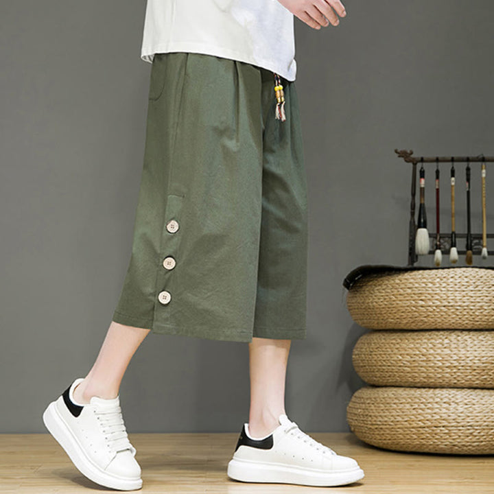 Buddha Stones Casual Plain Side Button Design Drawstring Men's Cotton Cropped Pants With Pockets - image 18