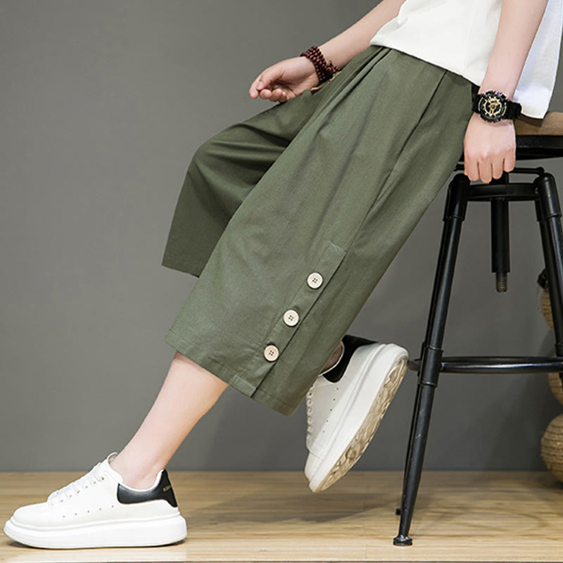 Buddha Stones Casual Plain Side Button Design Drawstring Men's Cotton Cropped Pants With Pockets