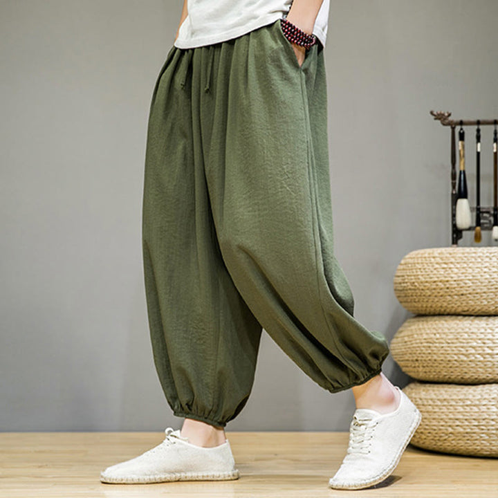 Buddha Stones Summer Plain Drawstring Men's Ankle-Length Cotton Harem Pants With Pockets - image 35