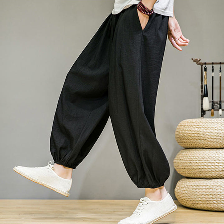 Buddha Stones Summer Plain Drawstring Men's Ankle-Length Cotton Harem Pants With Pockets - image 28