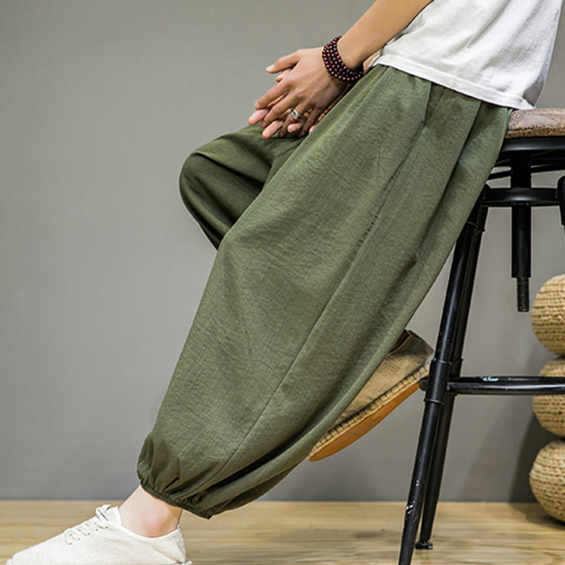 Buddha Stones Summer Plain Drawstring Men's Ankle-Length Cotton Harem Pants With Pockets - image 37