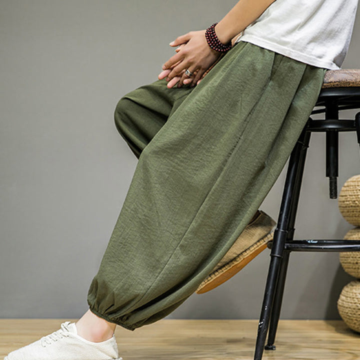 Buddha Stones Summer Plain Drawstring Men's Ankle-Length Cotton Harem Pants With Pockets - image 37