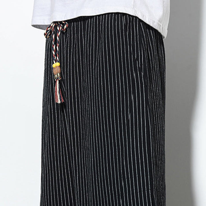Buddha Stones Summer Stripes Pattern Drawstring Cotton Linen Men's 7-8 Length Harem Pants With Pockets - image 20