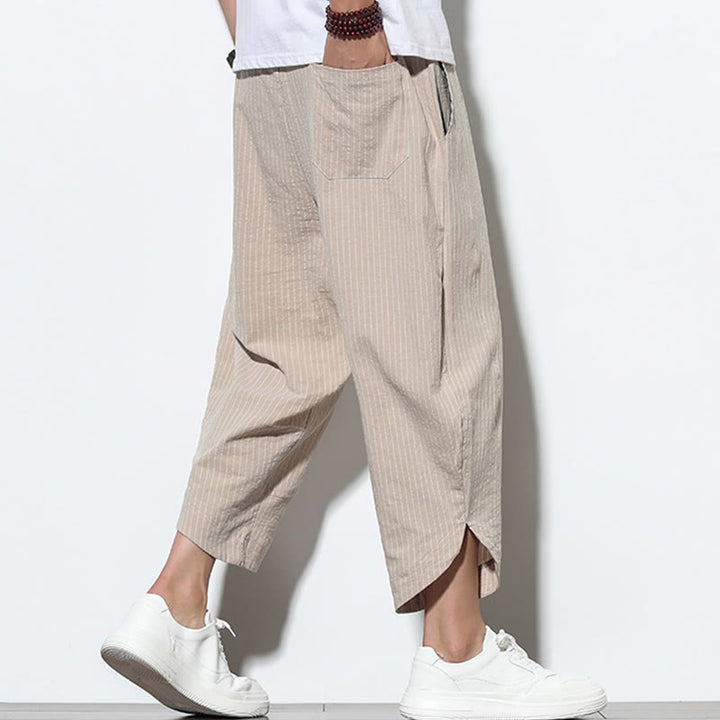 Buddha Stones Summer Stripes Pattern Drawstring Cotton Linen Men's 7-8 Length Harem Pants With Pockets - image 4