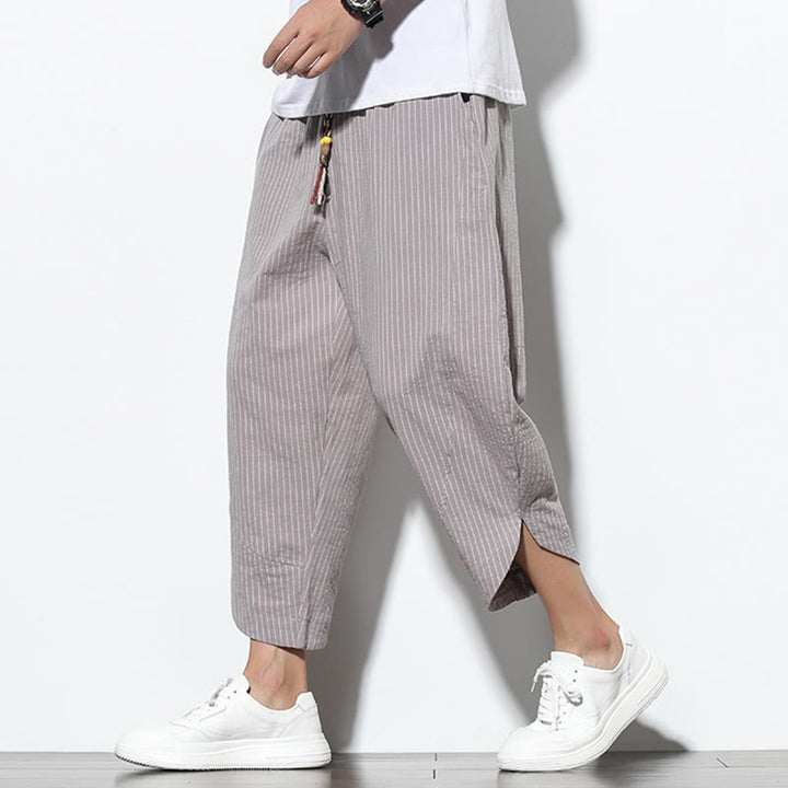 Buddha Stones Summer Stripes Pattern Drawstring Cotton Linen Men's 7-8 Length Harem Pants With Pockets - DarkGray - US/UK/AU46，EU56 (5XL) - image 22
