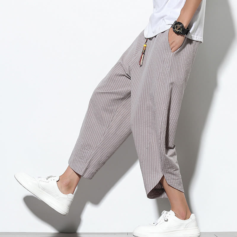 Buddha Stones Summer Stripes Pattern Drawstring Cotton Linen Men's 7-8 Length Harem Pants With Pockets - image 30