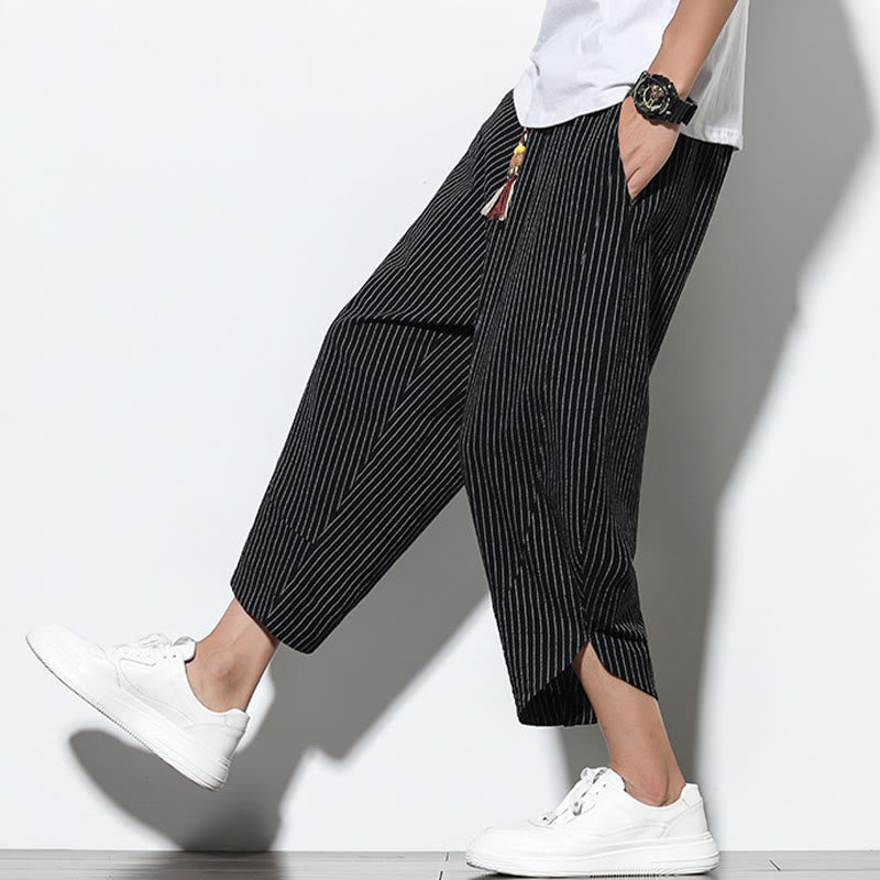 Buddha Stones Summer Stripes Pattern Drawstring Cotton Linen Men's 7-8 Length Harem Pants With Pockets - image 16