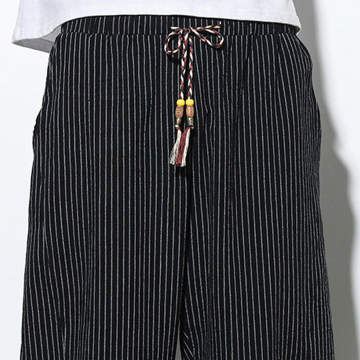 Buddha Stones Summer Stripes Pattern Drawstring Cotton Linen Men's 7-8 Length Harem Pants With Pockets - image 18